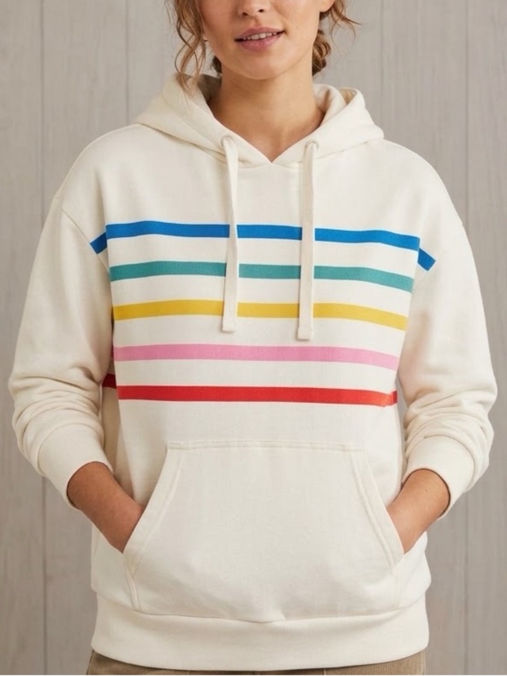 Boden Cream Hoodie Sweatshirt with Rainbow Strips Fleece Lined Womens Size 6